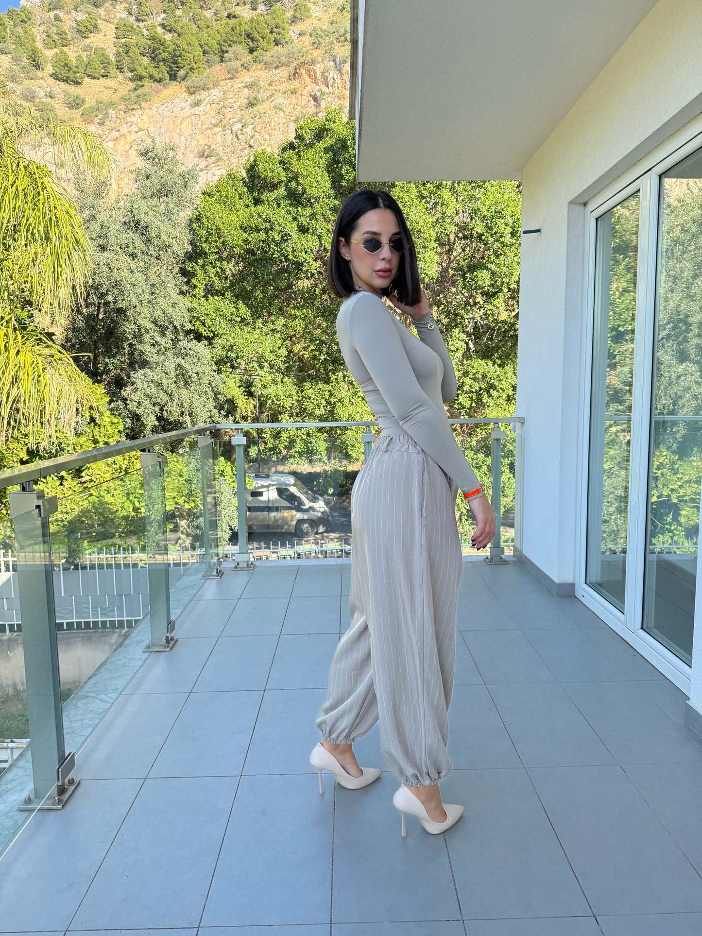 pantalone gessato tortora