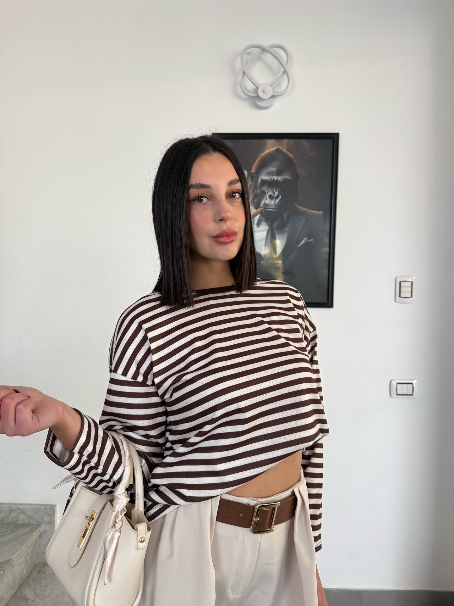 Maglia righe panna/marrone